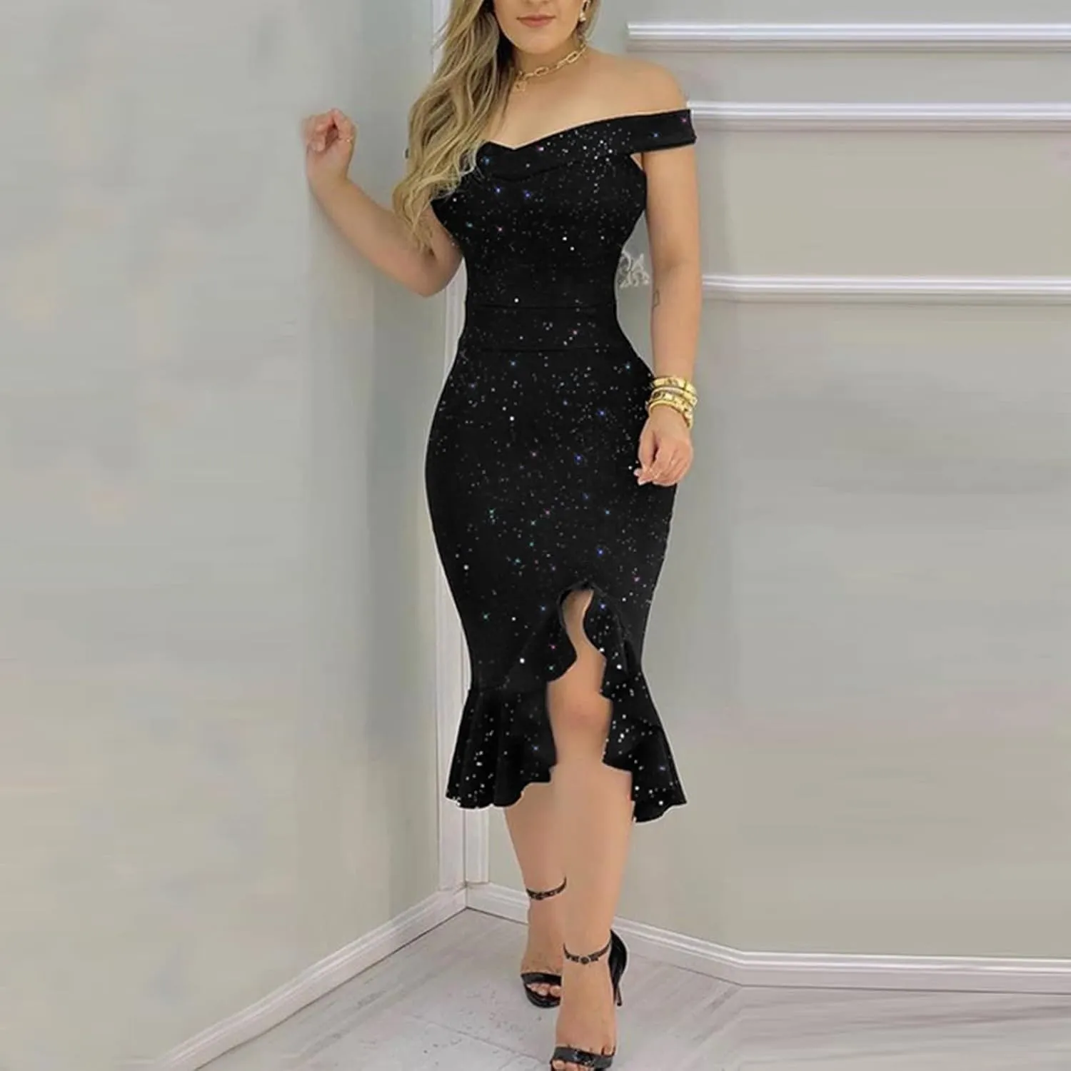 Cocktail Dress for Women,2024 Elegant Sexy Skinny Wedding Guest Dress,Trendy Ruched Slit Irregular Party Dress