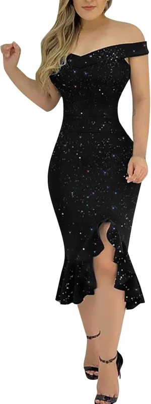 Cocktail Dress for Women,2024 Elegant Sexy Skinny Wedding Guest Dress,Trendy Ruched Slit Irregular Party Dress
