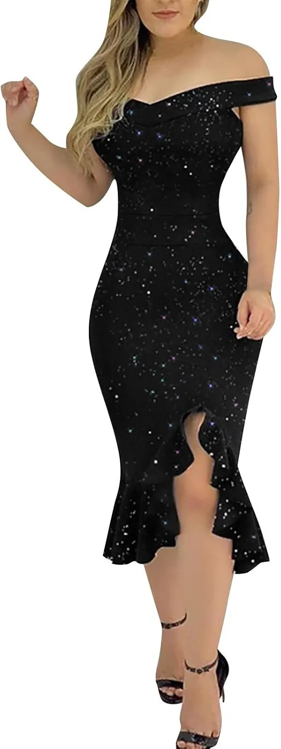 Cocktail Dress for Women,2024 Elegant Sexy Skinny Wedding Guest Dress,Trendy Ruched Slit Irregular Party Dress