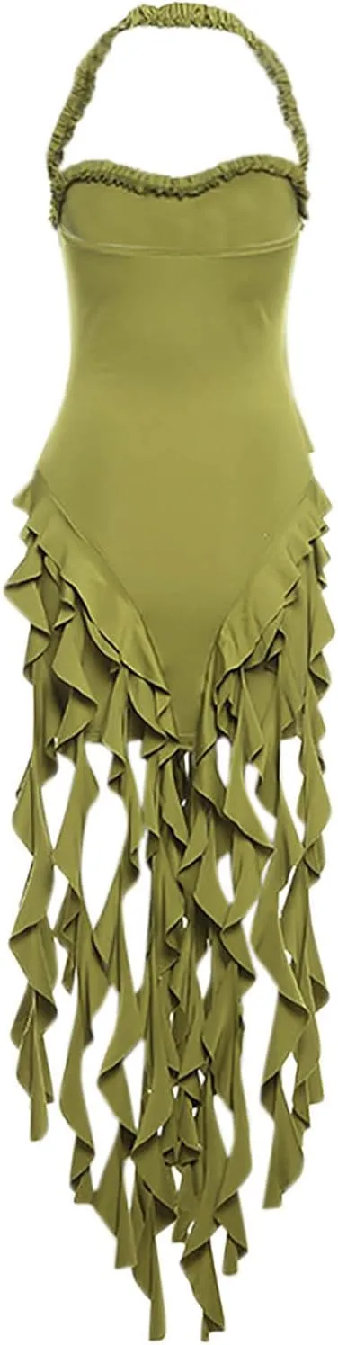 Cocktail Dresses for Women Sexy Off Shoulder Halter Ruched Neck Mini Dress Fashion Ruffle Tassels Evening Prom Gown