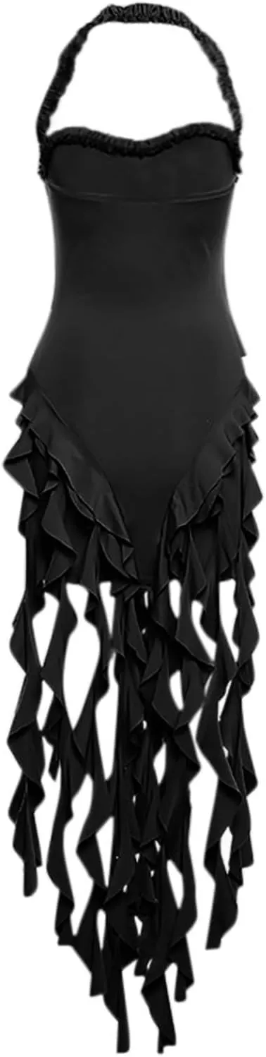 Cocktail Dresses for Women Sexy Off Shoulder Halter Ruched Neck Mini Dress Fashion Ruffle Tassels Evening Prom Gown