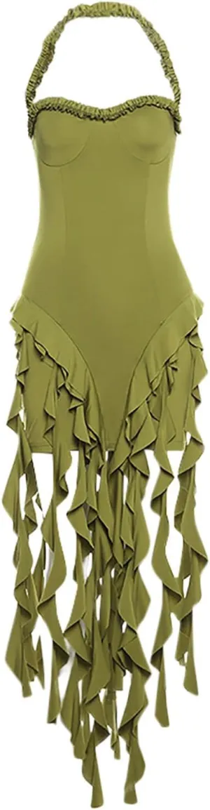 Cocktail Dresses for Women Sexy Off Shoulder Halter Ruched Neck Mini Dress Fashion Ruffle Tassels Evening Prom Gown