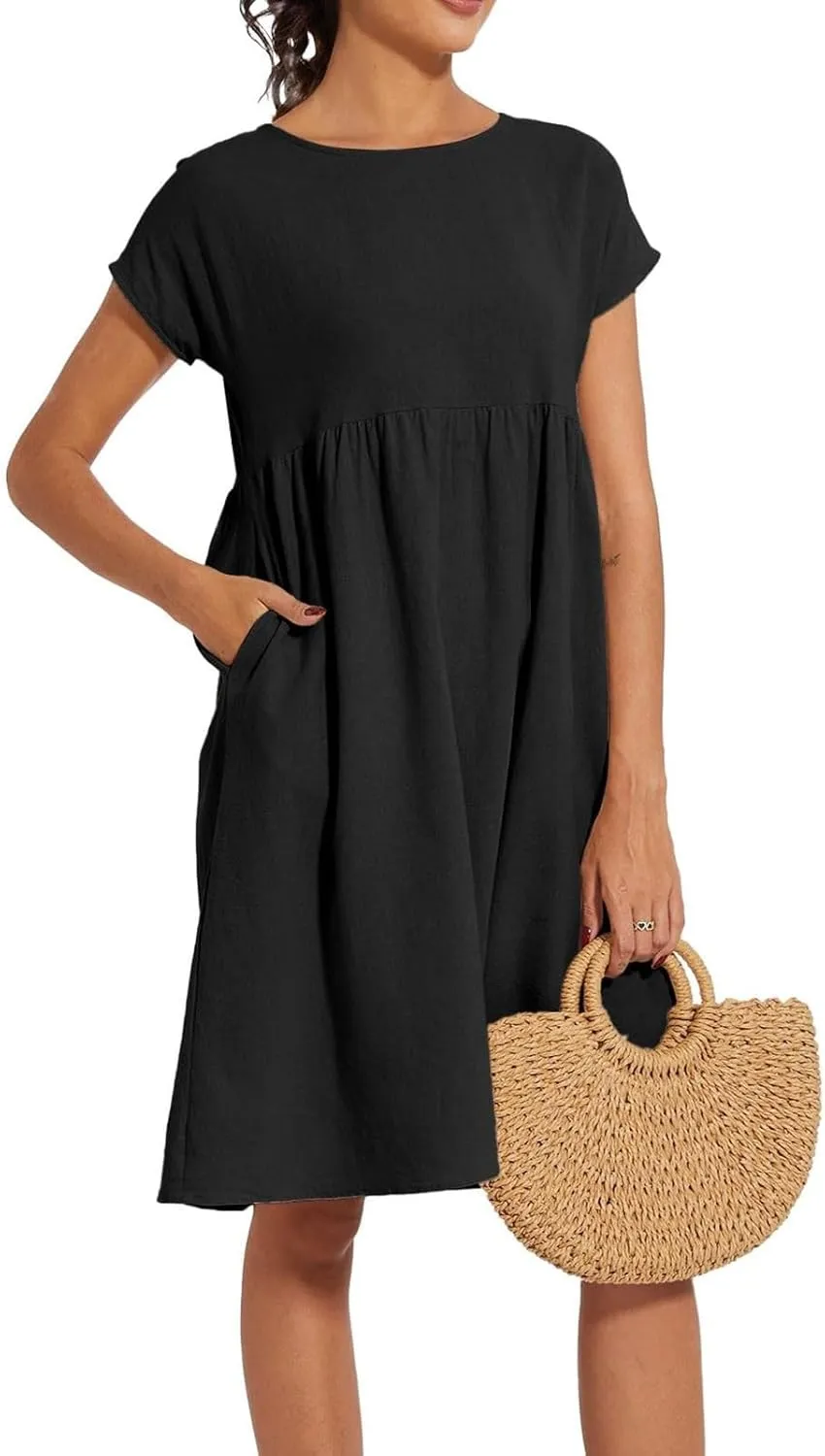 Cotton Dresses for Women 2025 Plus Size Short Sleeve Crewneck Linen Midi Dress with Pockets Summer Casual Sundress