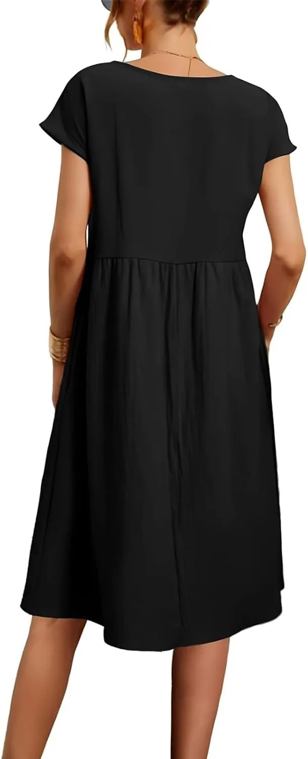 Cotton Dresses for Women 2025 Plus Size Short Sleeve Crewneck Linen Midi Dress with Pockets Summer Casual Sundress