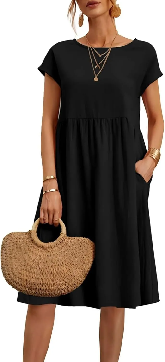 Cotton Dresses for Women 2025 Plus Size Short Sleeve Crewneck Linen Midi Dress with Pockets Summer Casual Sundress