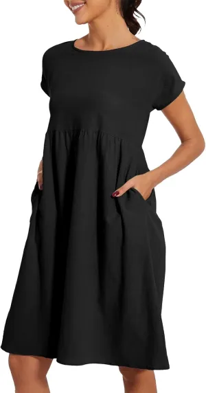 Cotton Dresses for Women 2025 Plus Size Short Sleeve Crewneck Linen Midi Dress with Pockets Summer Casual Sundress