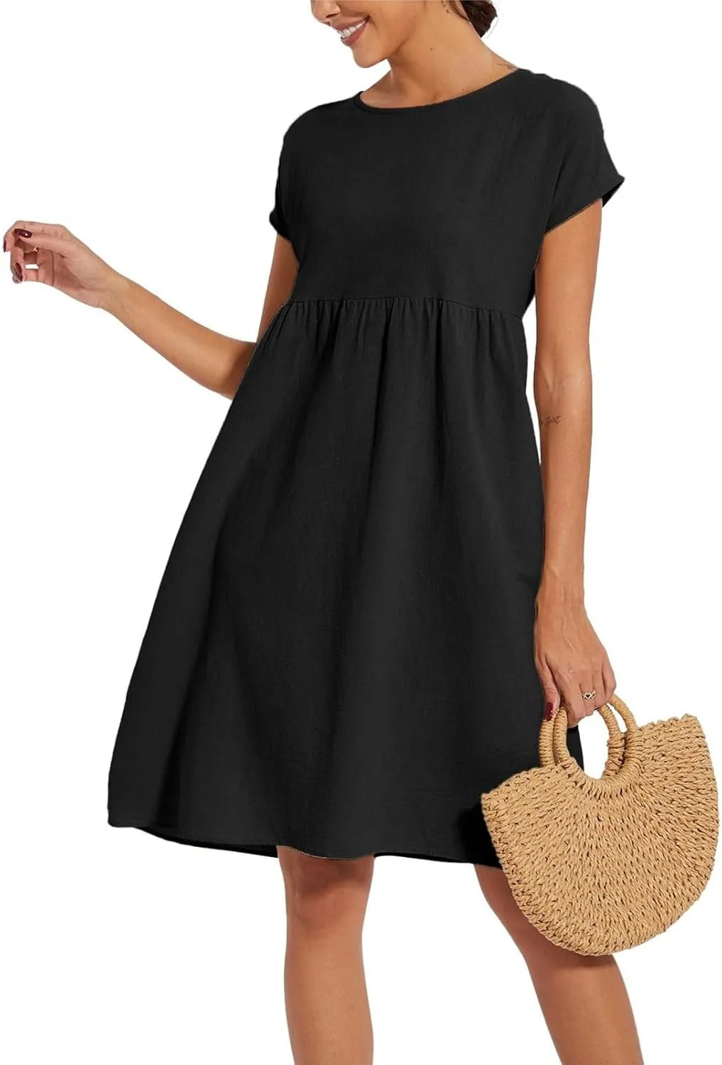 Cotton Dresses for Women 2025 Plus Size Short Sleeve Crewneck Linen Midi Dress with Pockets Summer Casual Sundress