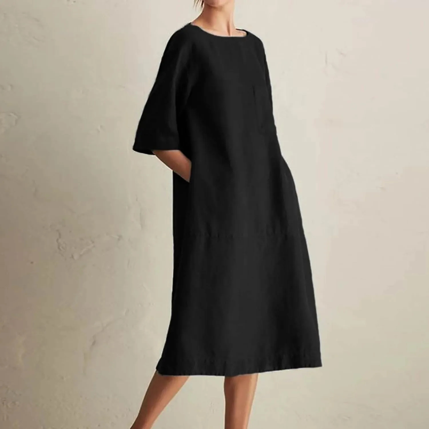 Cotton Linen Dresses for Women Casual Summer 2023 Fashion t-Shirt Midi Dress Half Sleeve Crewneck Loose Baggy Sundress