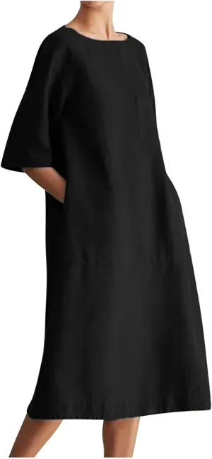 Cotton Linen Dresses for Women Casual Summer 2023 Fashion t-Shirt Midi Dress Half Sleeve Crewneck Loose Baggy Sundress