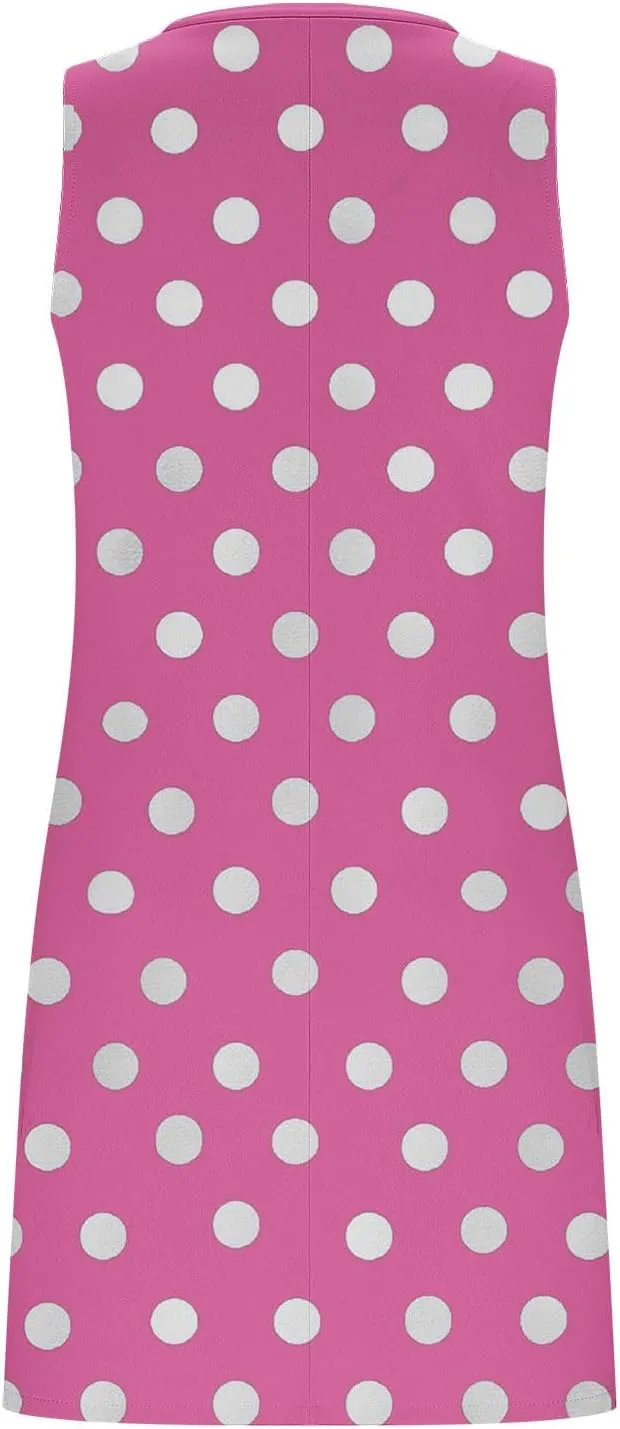 Cute Polka Dots Mini Tank Dress Women Summer Sleeveless V Neck Casual Tunic Dresses Side Split Hem Beach Sundress