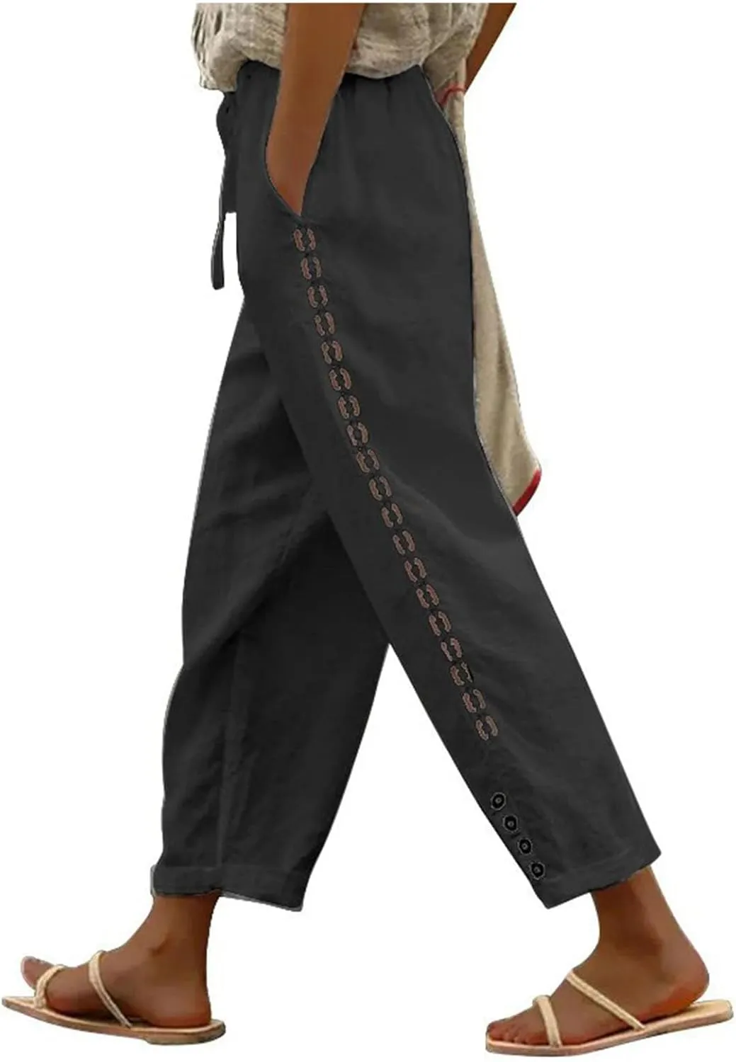 DASAYO Cotton Linen Pants Women Trendy Drawstring Elastic Waist Comfy Casual Trousers Ladies Boho Beach Pants with Pockets