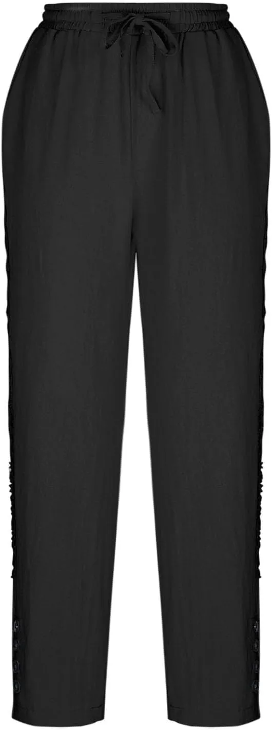 DASAYO Cotton Linen Pants Women Trendy Drawstring Elastic Waist Comfy Casual Trousers Ladies Boho Beach Pants with Pockets