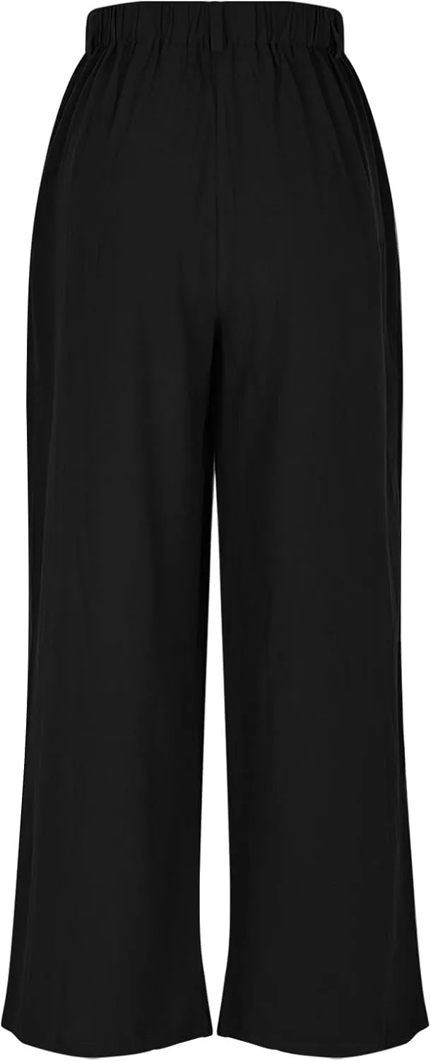 DASAYO Linen Pants for Women Dressy Casual High Waisted Cropped Palazzo Ladies Wide Leg Trousers with Pockets Summer Clothes