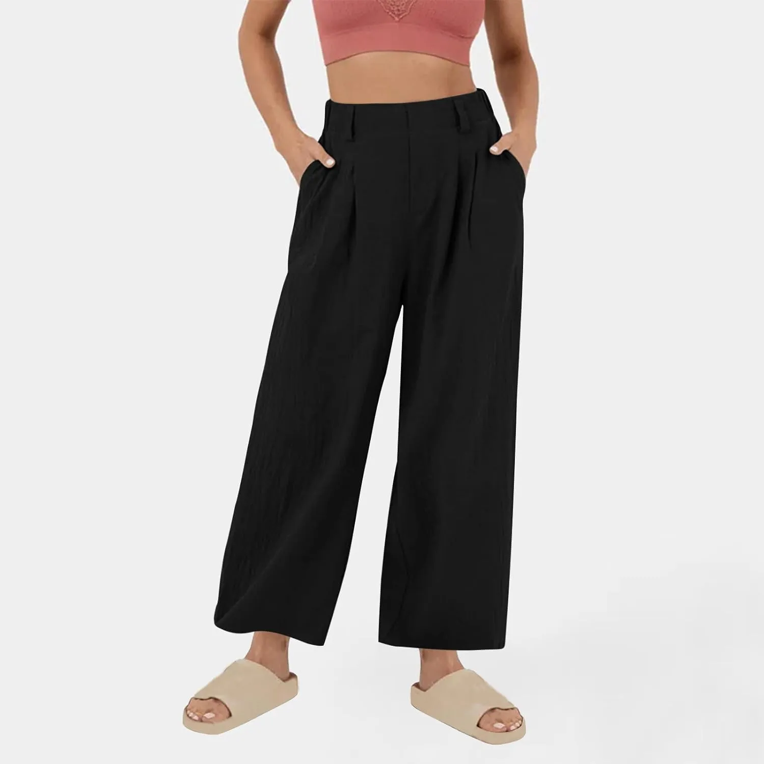 DASAYO Linen Pants for Women Dressy Casual High Waisted Cropped Palazzo Ladies Wide Leg Trousers with Pockets Summer Clothes