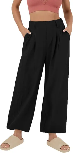 DASAYO Linen Pants for Women Dressy Casual High Waisted Cropped Palazzo Ladies Wide Leg Trousers with Pockets Summer Clothes