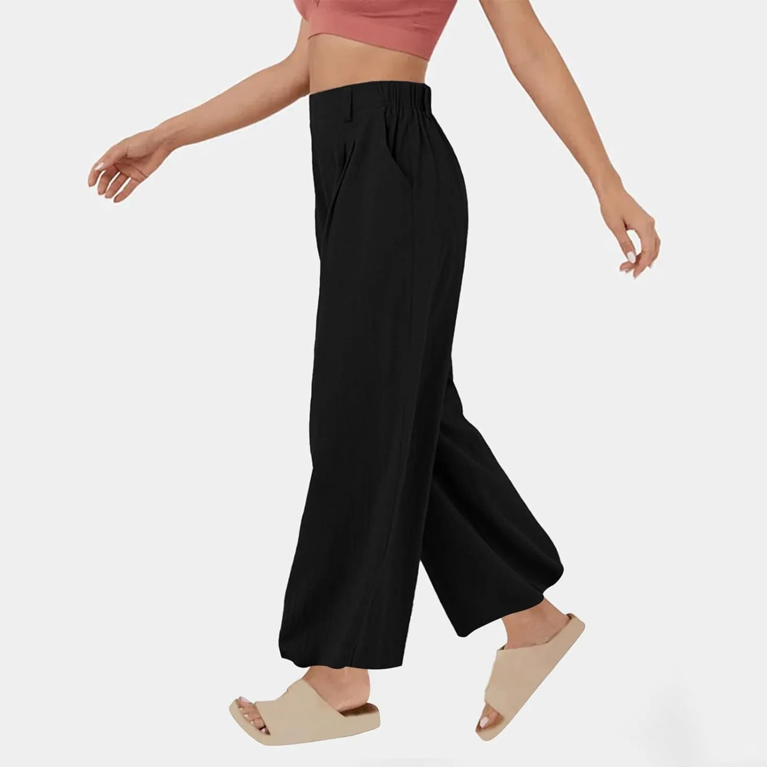 DASAYO Linen Pants for Women Dressy Casual High Waisted Cropped Palazzo Ladies Wide Leg Trousers with Pockets Summer Clothes