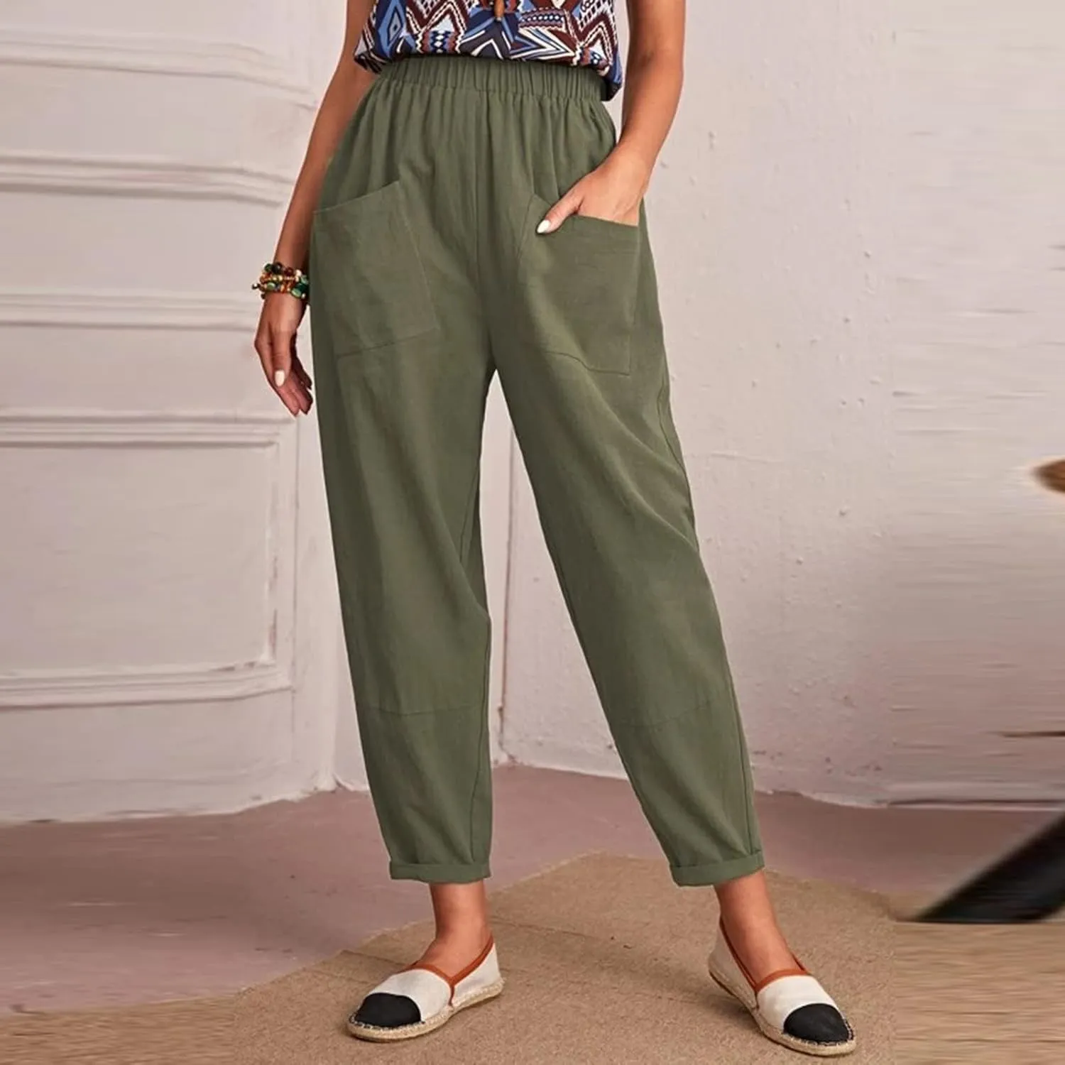 DASAYO Linen Pants for Women Trendy Elastic Wasit Casual Tapered Pants Lightweight Comfy Trousers with Pockets Summer Clothes