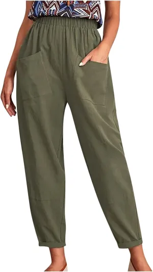 DASAYO Linen Pants for Women Trendy Elastic Wasit Casual Tapered Pants Lightweight Comfy Trousers with Pockets Summer Clothes