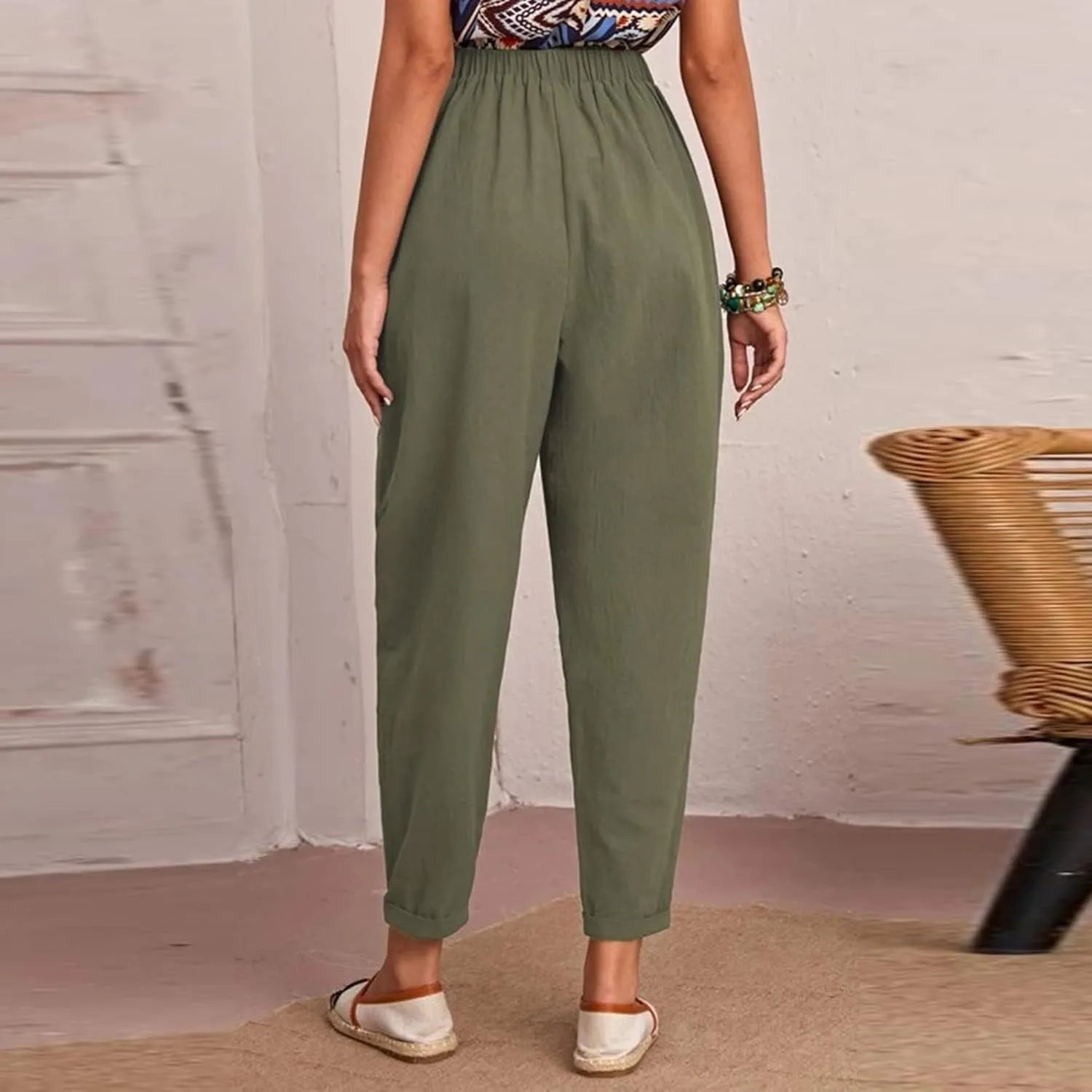 DASAYO Linen Pants for Women Trendy Elastic Wasit Casual Tapered Pants Lightweight Comfy Trousers with Pockets Summer Clothes