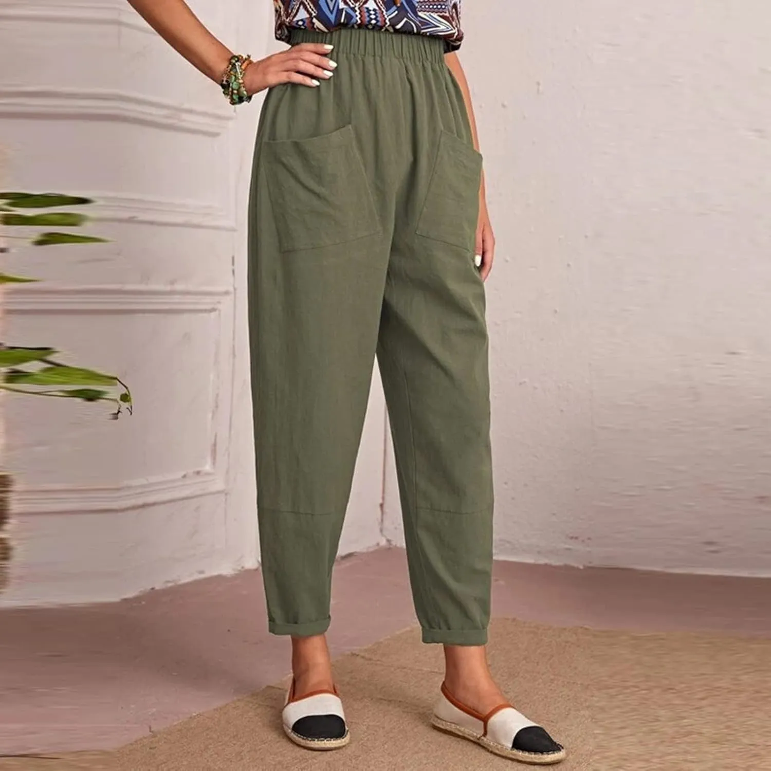 DASAYO Linen Pants for Women Trendy Elastic Wasit Casual Tapered Pants Lightweight Comfy Trousers with Pockets Summer Clothes