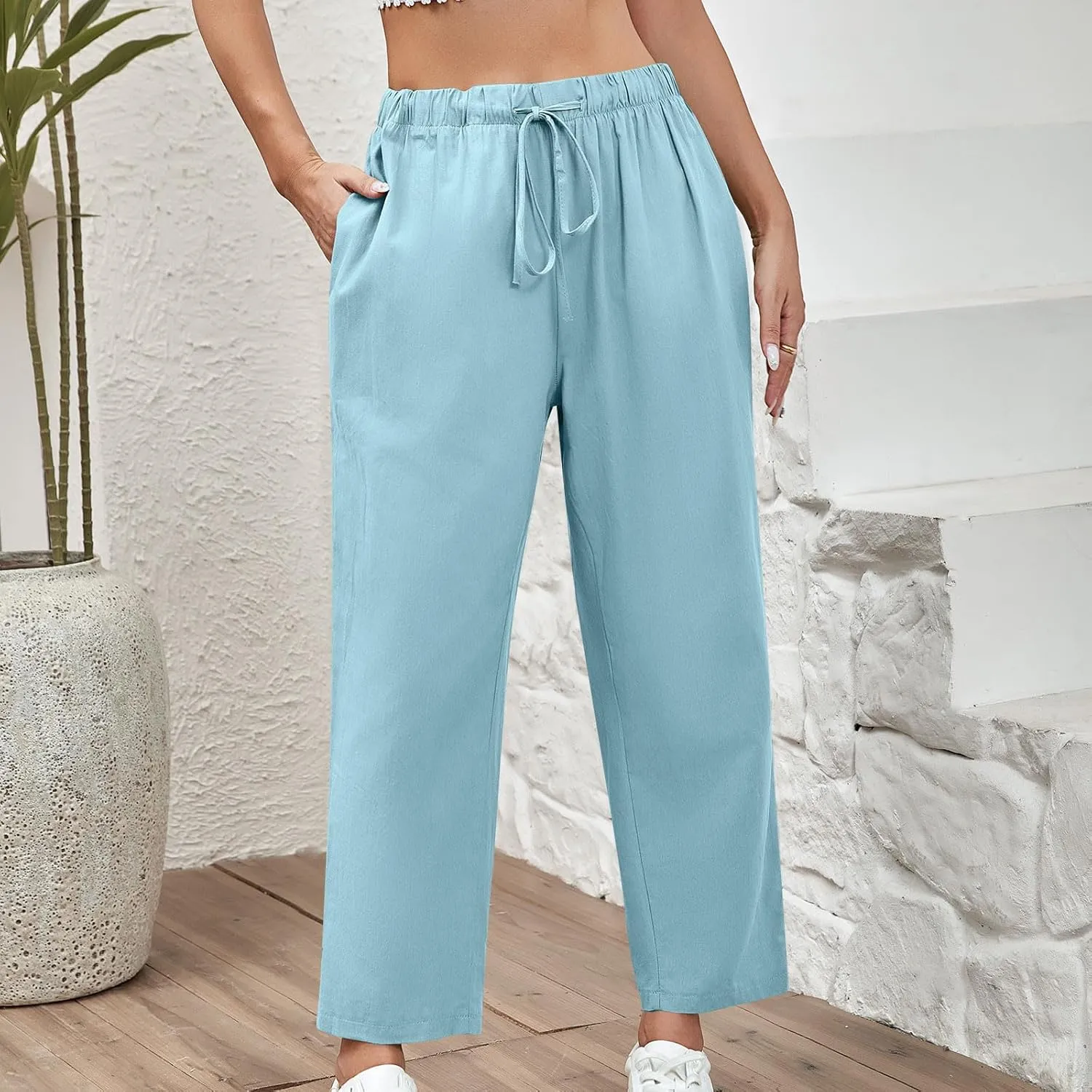 DASAYO Linen Pants Women Drawstring Elastic Waist Ankle Length Straight Leg Pants with Pockets Summer Outfits Fahsion 2025