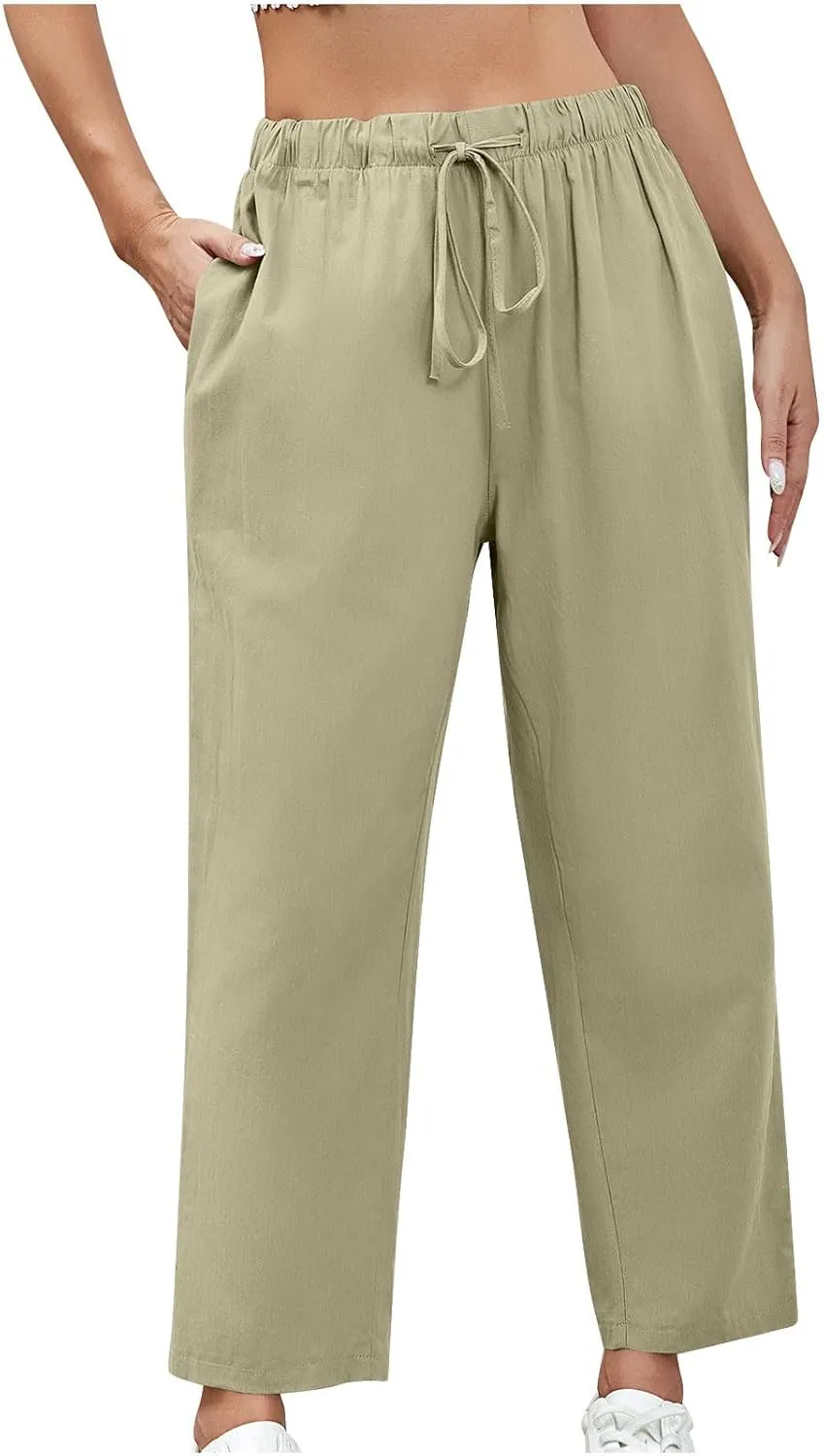 DASAYO Linen Pants Women Drawstring Elastic Waist Ankle Length Straight Leg Pants with Pockets Summer Outfits Fahsion 2025