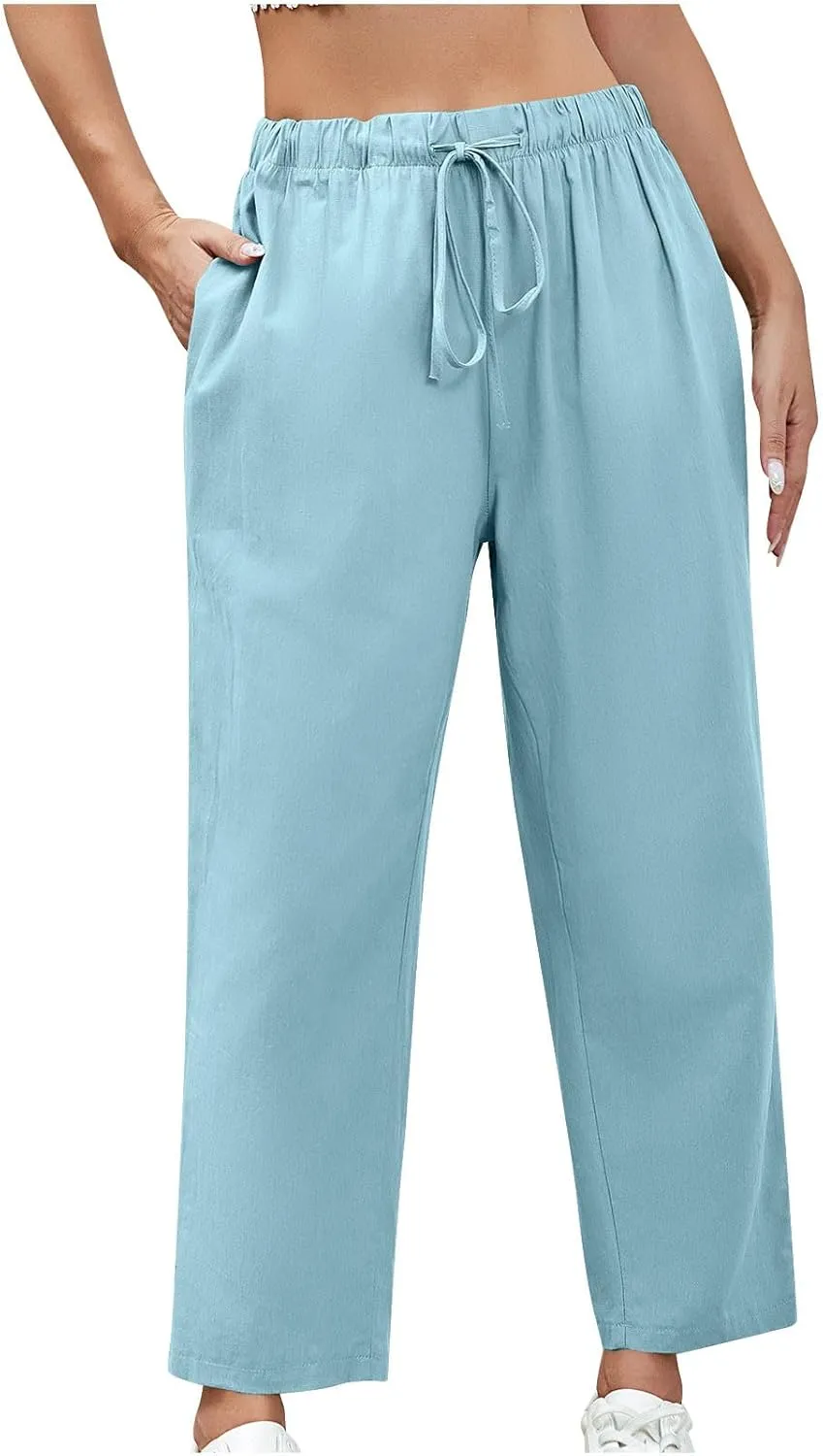 DASAYO Linen Pants Women Drawstring Elastic Waist Ankle Length Straight Leg Pants with Pockets Summer Outfits Fahsion 2025