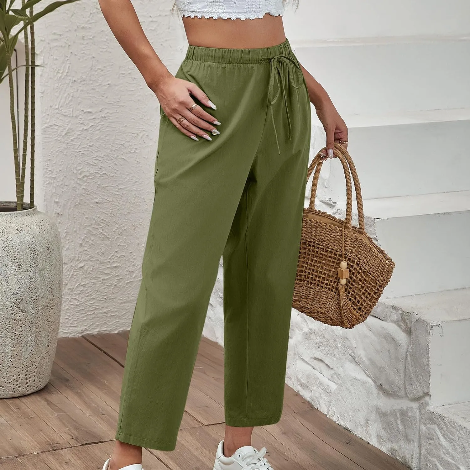 DASAYO Linen Pants Women Drawstring Elastic Waist Ankle Length Straight Leg Pants with Pockets Summer Outfits Fahsion 2025