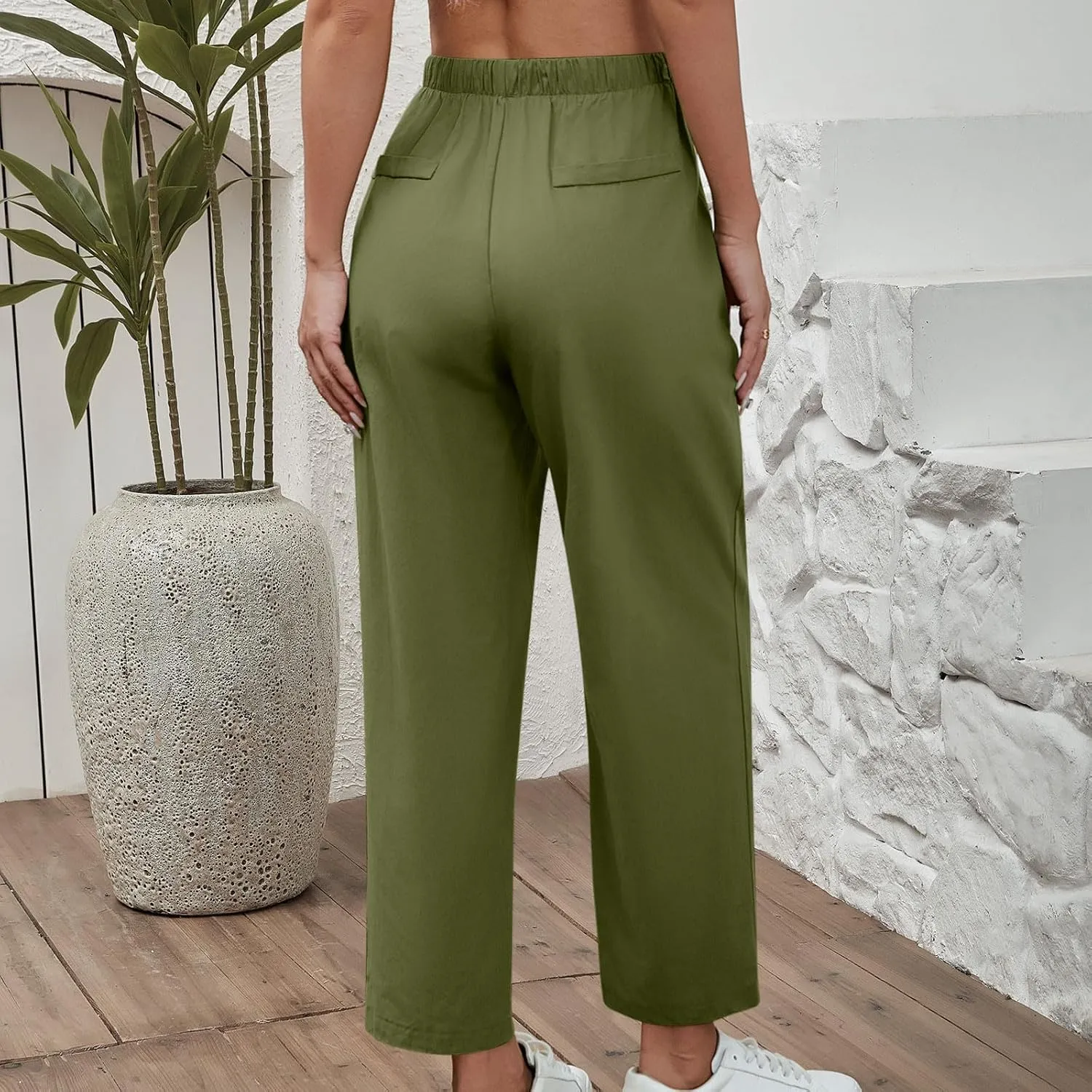 DASAYO Linen Pants Women Drawstring Elastic Waist Ankle Length Straight Leg Pants with Pockets Summer Outfits Fahsion 2025