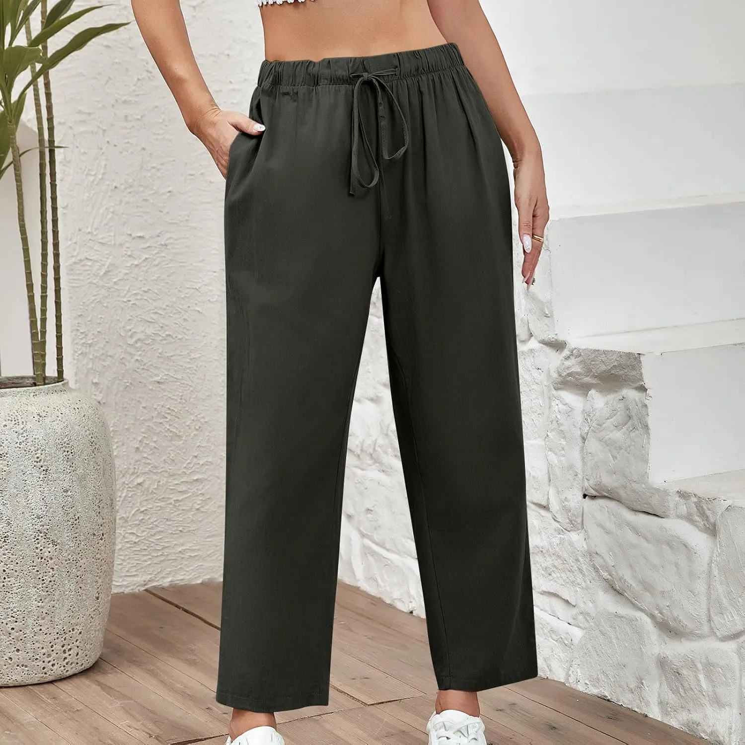 DASAYO Linen Pants Women Drawstring Elastic Waist Ankle Length Straight Leg Pants with Pockets Summer Outfits Fahsion 2025