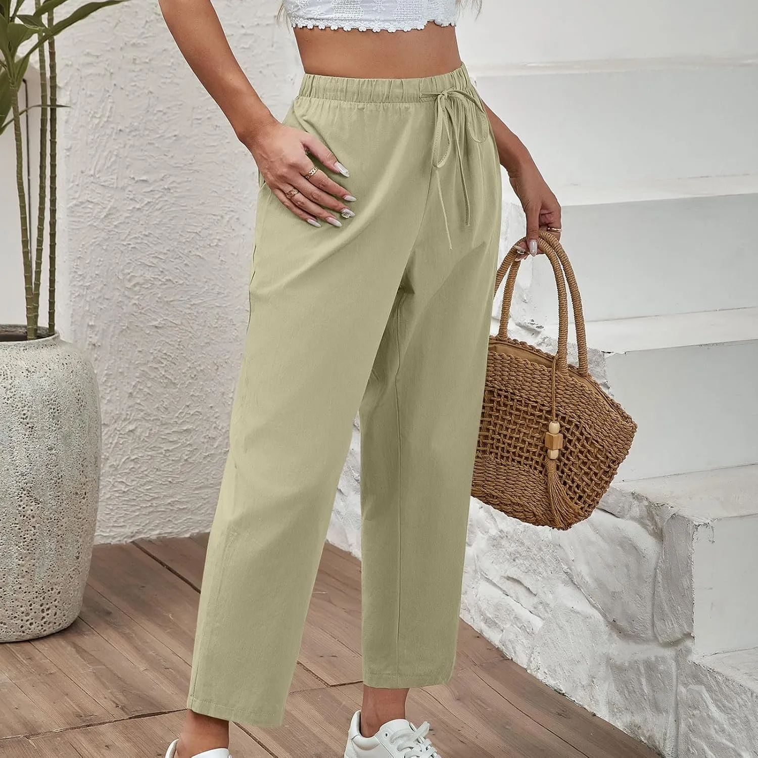 DASAYO Linen Pants Women Drawstring Elastic Waist Ankle Length Straight Leg Pants with Pockets Summer Outfits Fahsion 2025