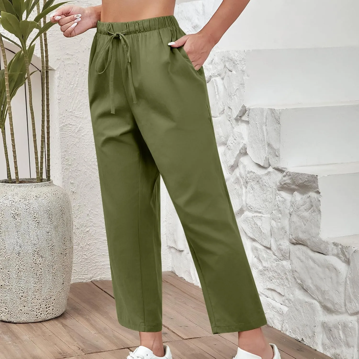 DASAYO Linen Pants Women Drawstring Elastic Waist Ankle Length Straight Leg Pants with Pockets Summer Outfits Fahsion 2025