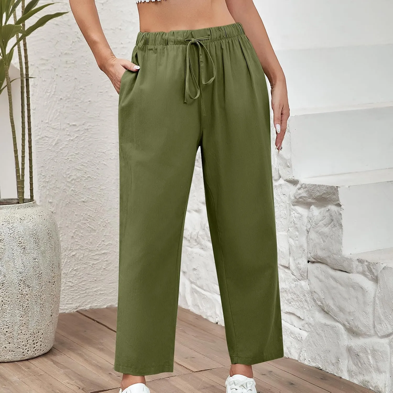 DASAYO Linen Pants Women Drawstring Elastic Waist Ankle Length Straight Leg Pants with Pockets Summer Outfits Fahsion 2025