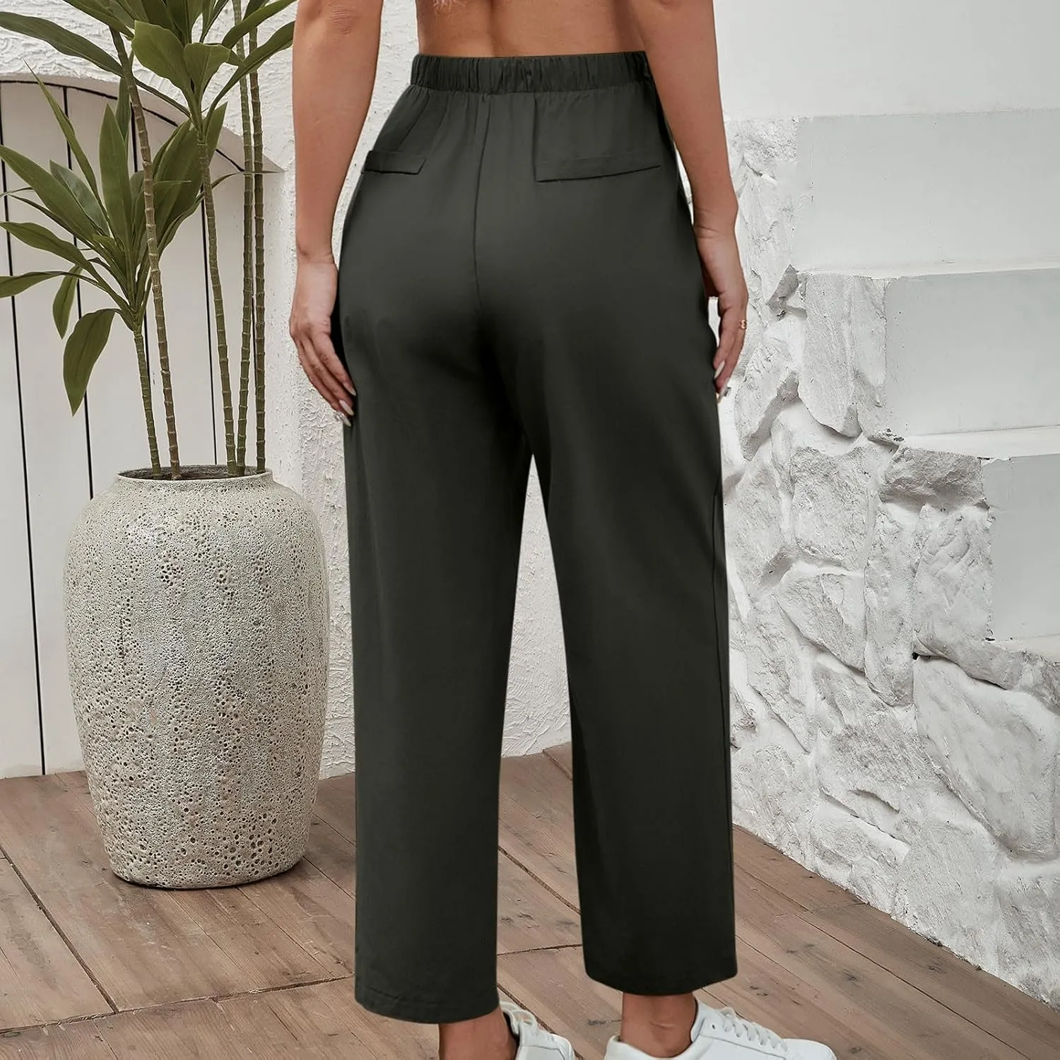 DASAYO Linen Pants Women Drawstring Elastic Waist Ankle Length Straight Leg Pants with Pockets Summer Outfits Fahsion 2025