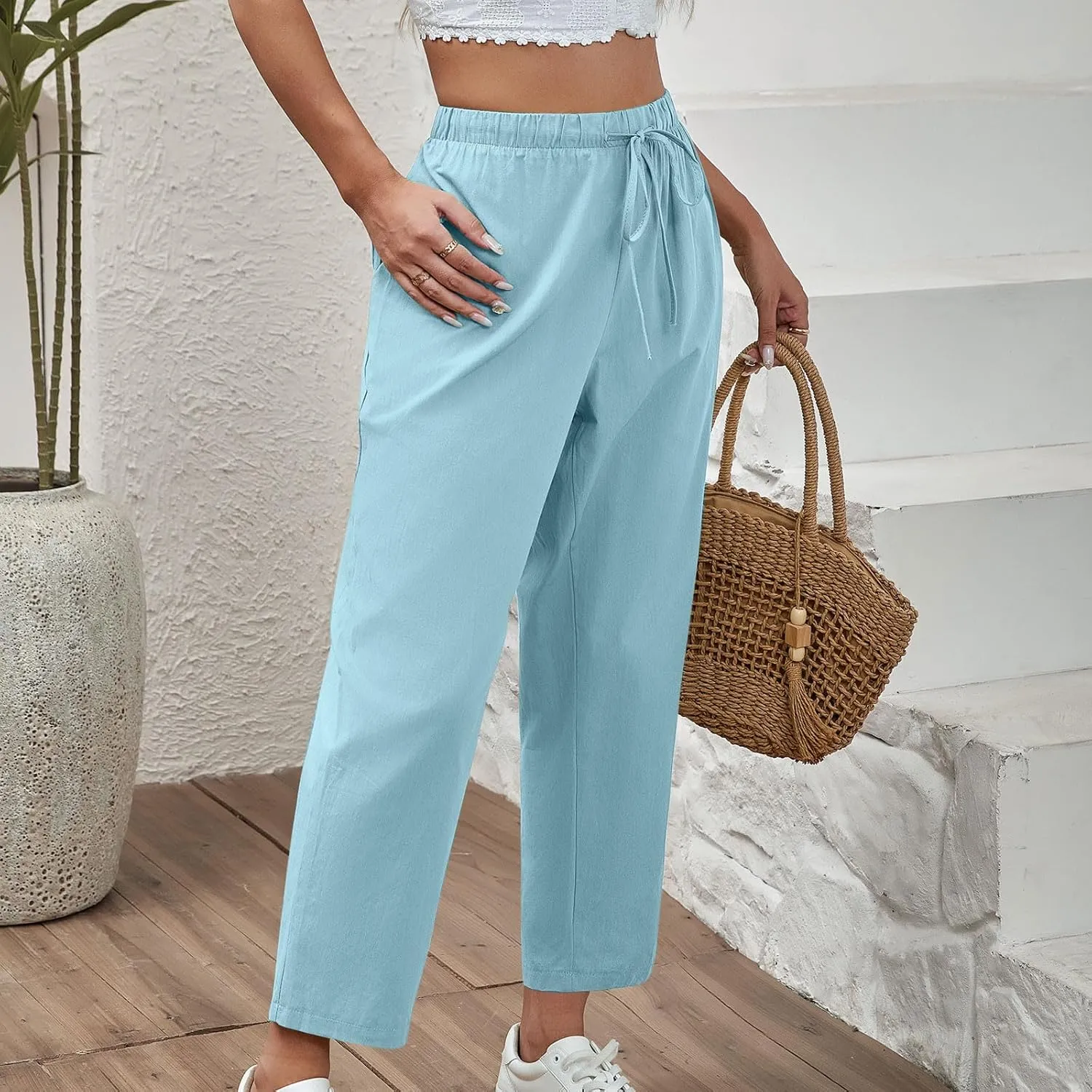 DASAYO Linen Pants Women Drawstring Elastic Waist Ankle Length Straight Leg Pants with Pockets Summer Outfits Fahsion 2025