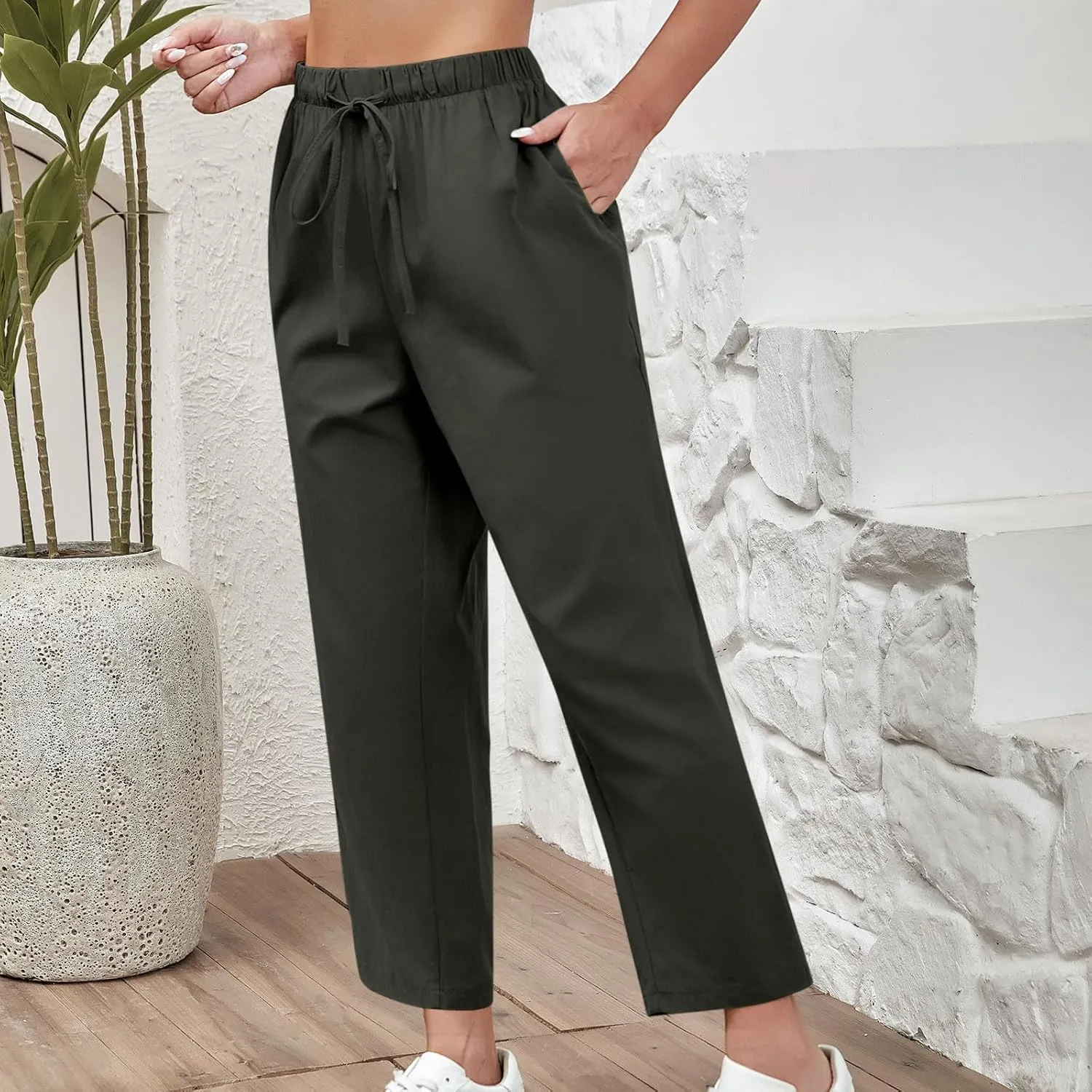 DASAYO Linen Pants Women Drawstring Elastic Waist Ankle Length Straight Leg Pants with Pockets Summer Outfits Fahsion 2025