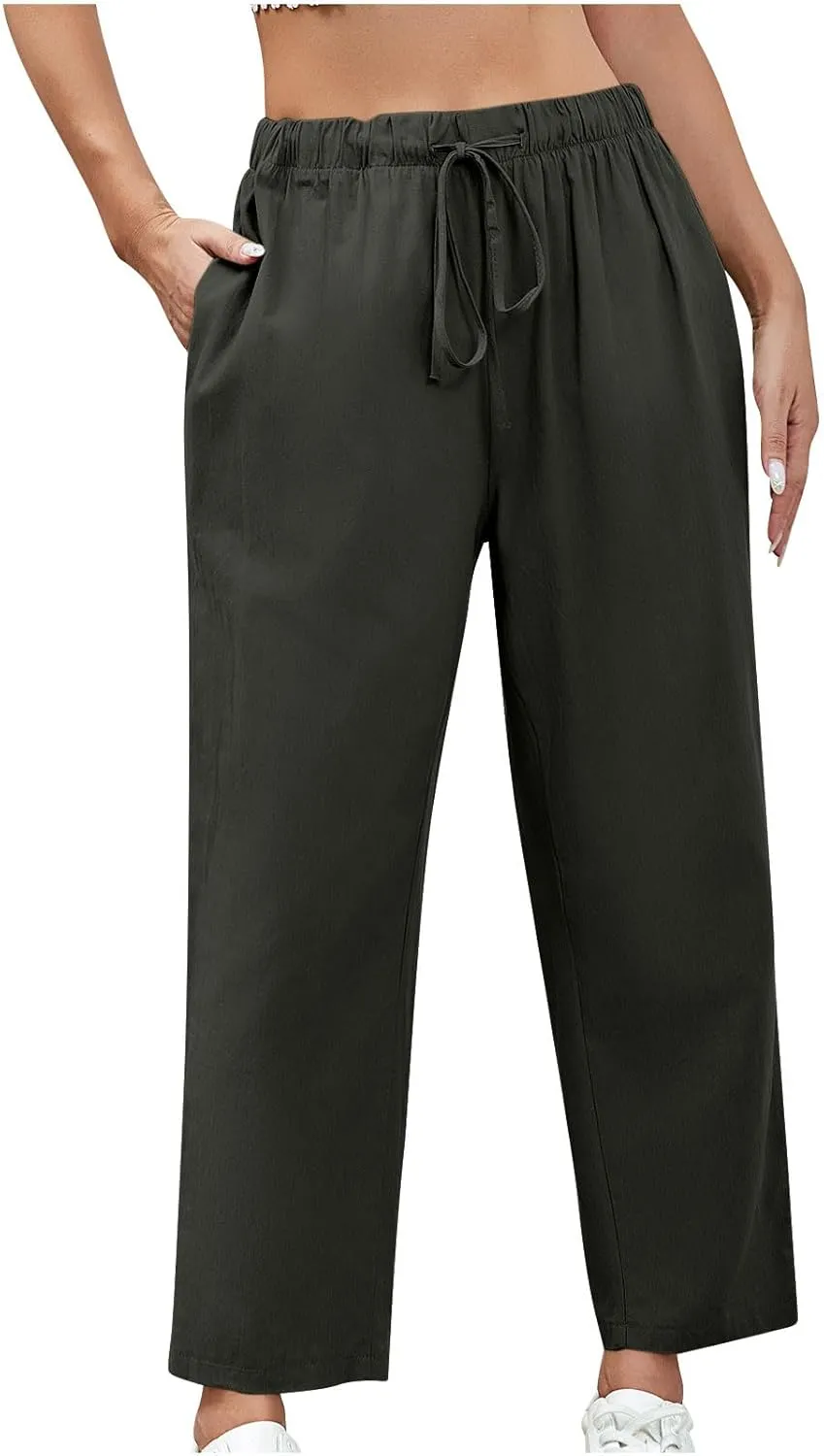 DASAYO Linen Pants Women Drawstring Elastic Waist Ankle Length Straight Leg Pants with Pockets Summer Outfits Fahsion 2025