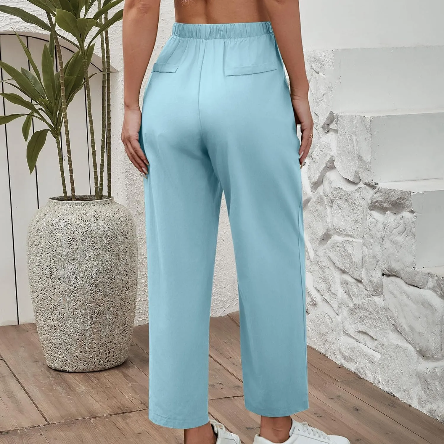 DASAYO Linen Pants Women Drawstring Elastic Waist Ankle Length Straight Leg Pants with Pockets Summer Outfits Fahsion 2025
