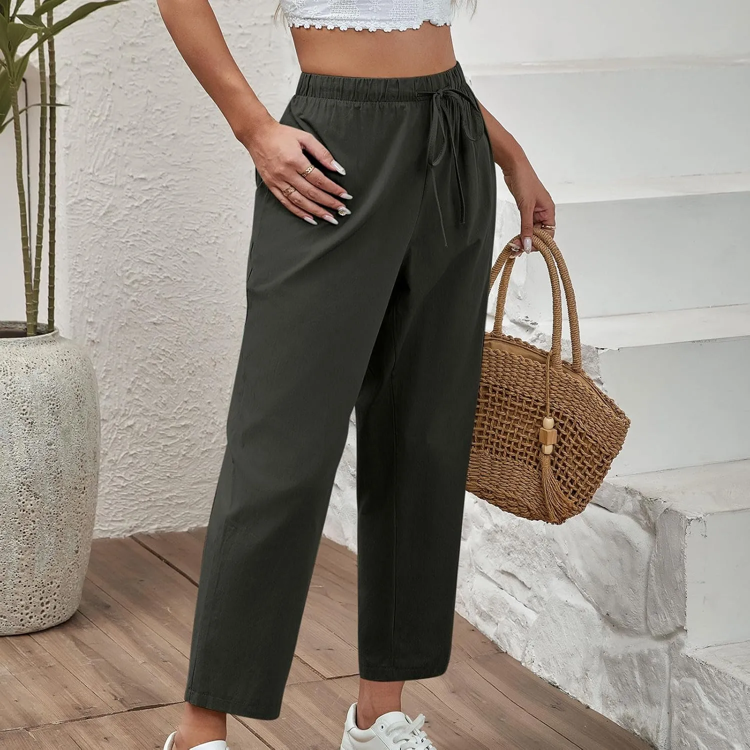 DASAYO Linen Pants Women Drawstring Elastic Waist Ankle Length Straight Leg Pants with Pockets Summer Outfits Fahsion 2025