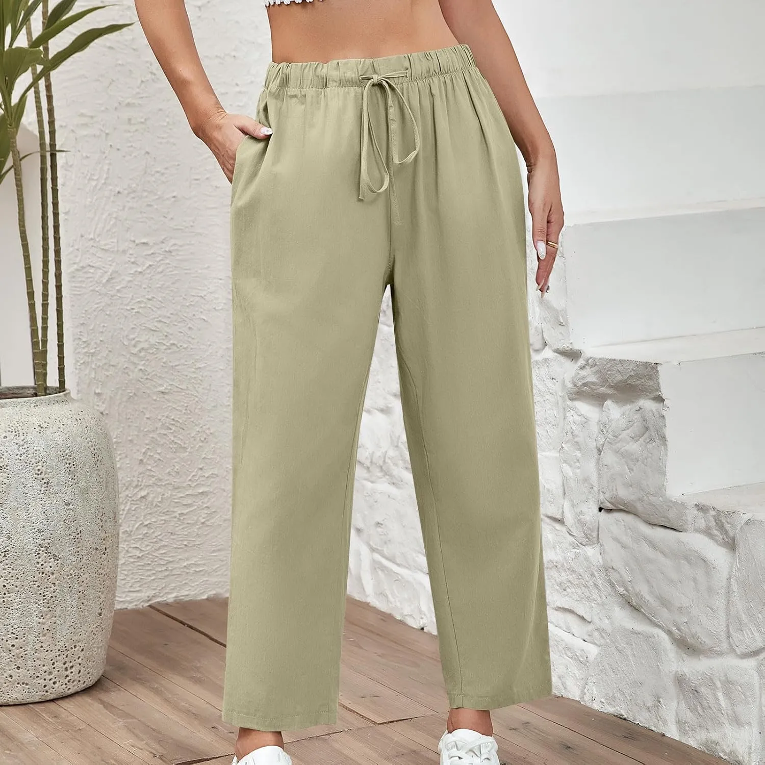 DASAYO Linen Pants Women Drawstring Elastic Waist Ankle Length Straight Leg Pants with Pockets Summer Outfits Fahsion 2025