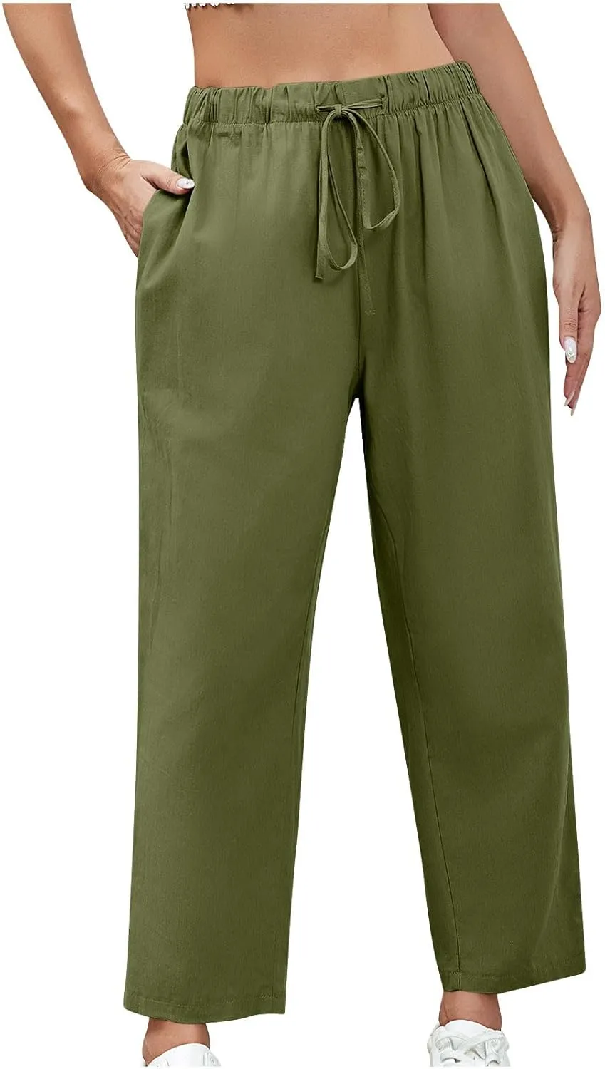 DASAYO Linen Pants Women Drawstring Elastic Waist Ankle Length Straight Leg Pants with Pockets Summer Outfits Fahsion 2025