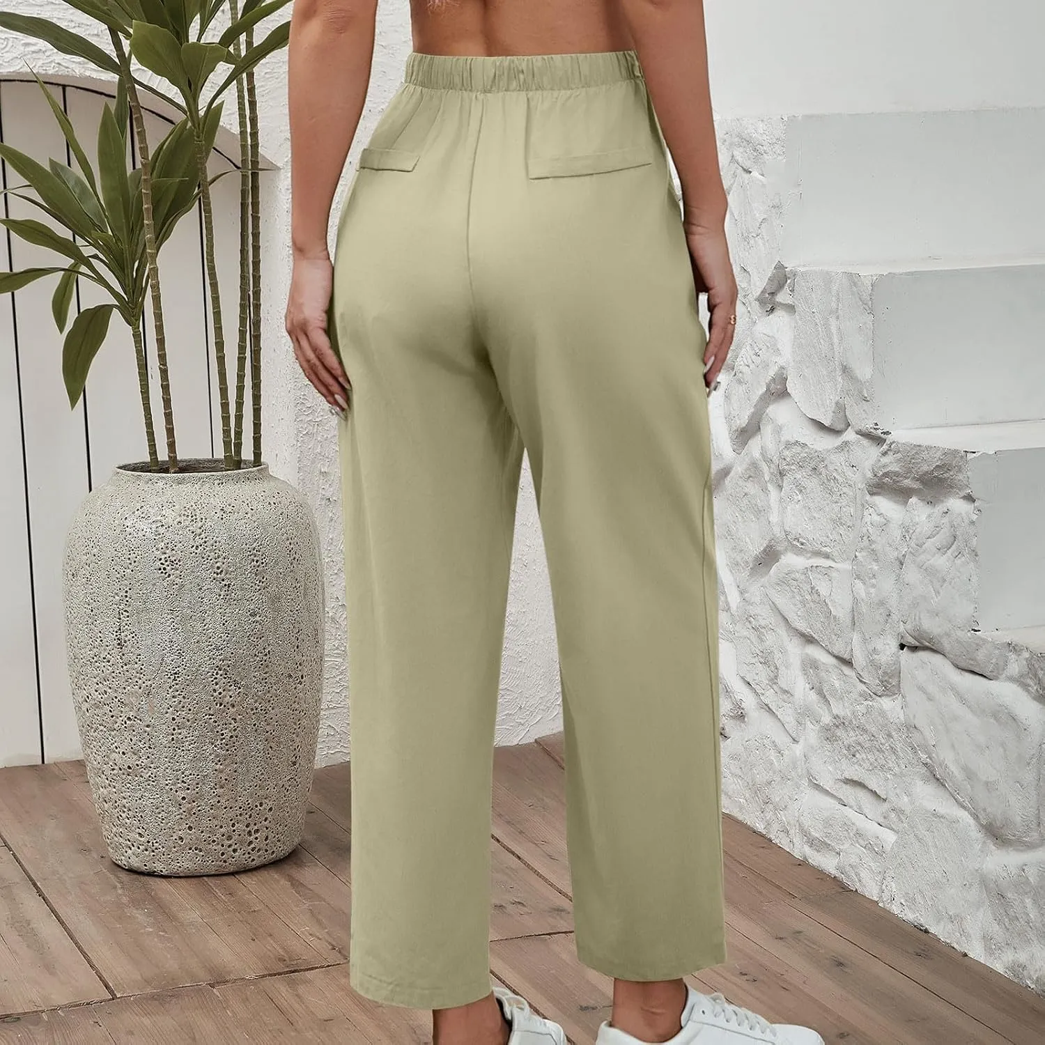 DASAYO Linen Pants Women Drawstring Elastic Waist Ankle Length Straight Leg Pants with Pockets Summer Outfits Fahsion 2025