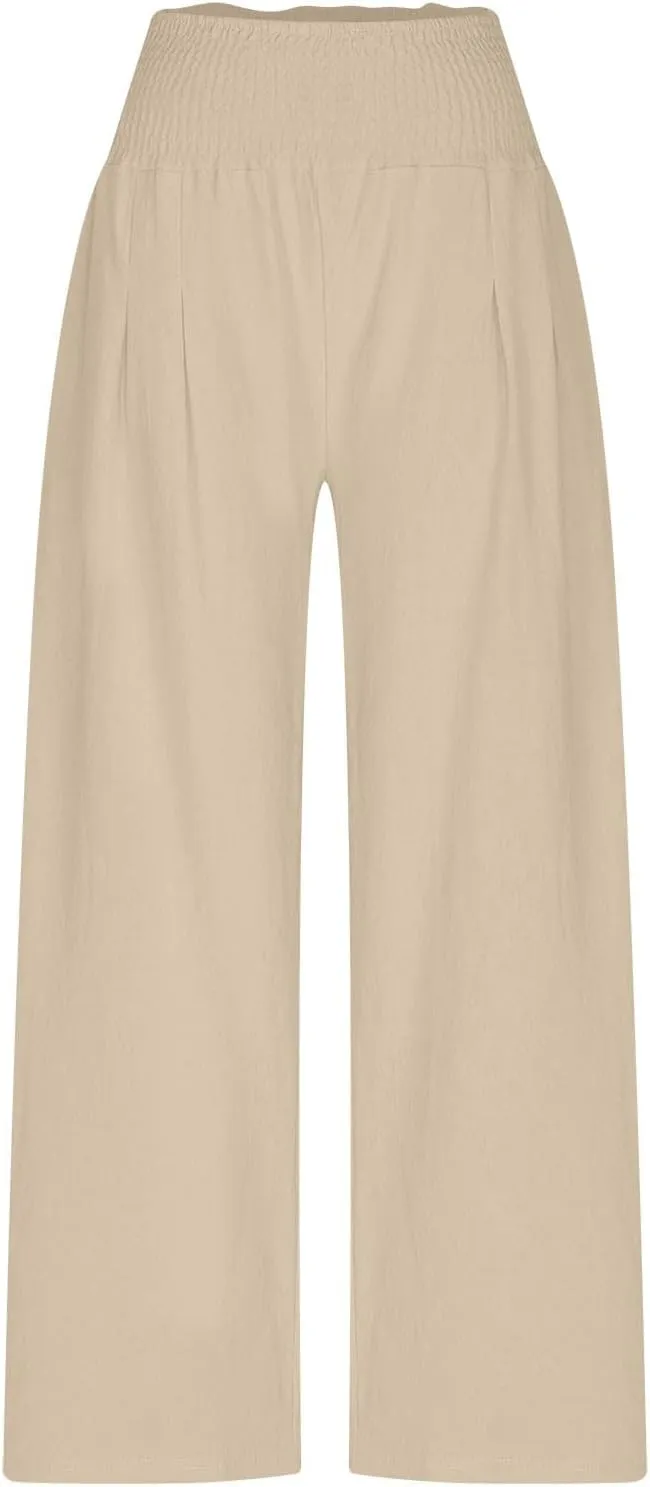 DASAYO Linen Pants Women Trendy Ruffle Elastic High Wasited Palazzo Pants Dressy Casual Summer Beach Trousers with Pockets