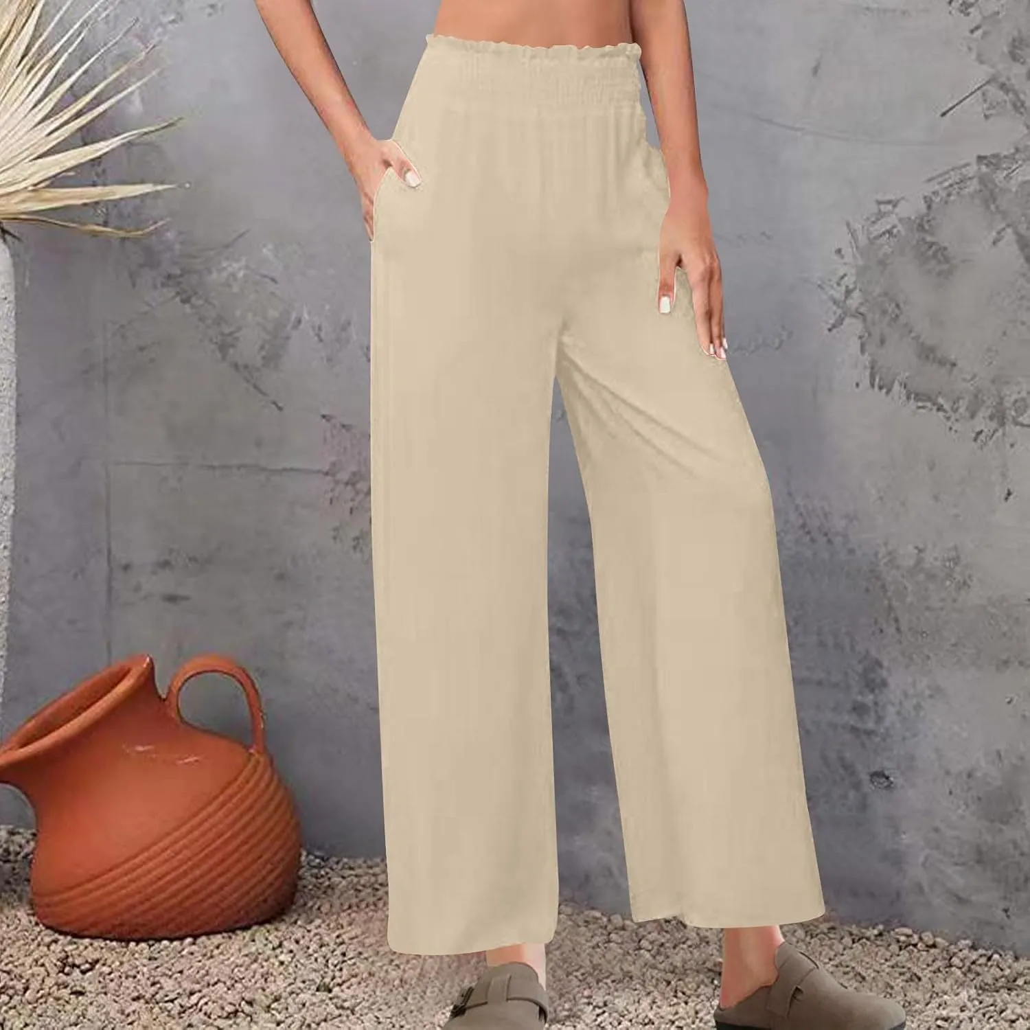DASAYO Linen Pants Women Trendy Ruffle Elastic High Wasited Palazzo Pants Dressy Casual Summer Beach Trousers with Pockets