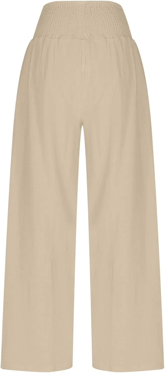 DASAYO Linen Pants Women Trendy Ruffle Elastic High Wasited Palazzo Pants Dressy Casual Summer Beach Trousers with Pockets