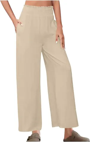 DASAYO Linen Pants Women Trendy Ruffle Elastic High Wasited Palazzo Pants Dressy Casual Summer Beach Trousers with Pockets