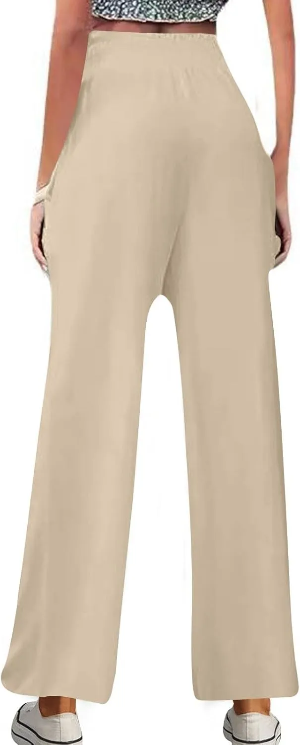 DASAYO Linen Pants Women Trendy Ruffle Elastic High Wasited Palazzo Pants Dressy Casual Summer Beach Trousers with Pockets