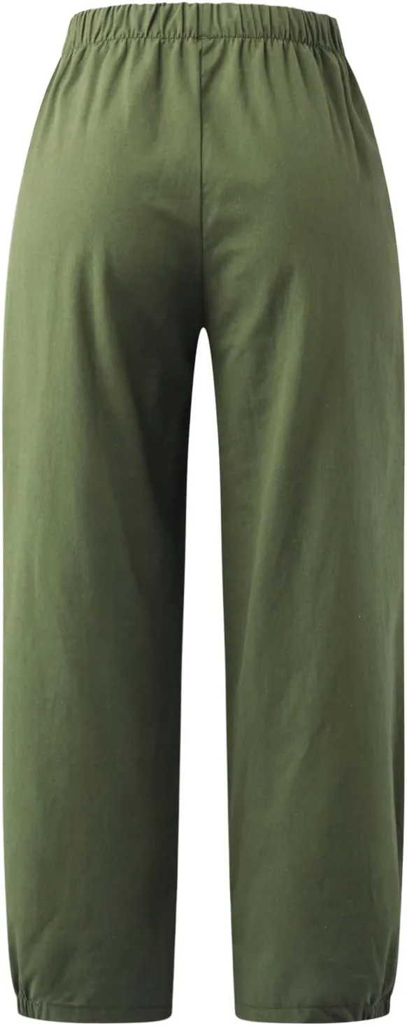 DASAYO Women's Linen Pants Summer Elastic Wasit Ankle Length Casual Pants Ladies Loose Fit Lightweight Trousers with Pockets