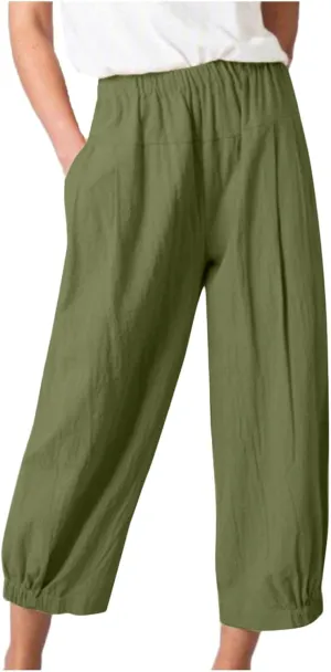 DASAYO Women's Linen Pants Summer Elastic Wasit Ankle Length Casual Pants Ladies Loose Fit Lightweight Trousers with Pockets