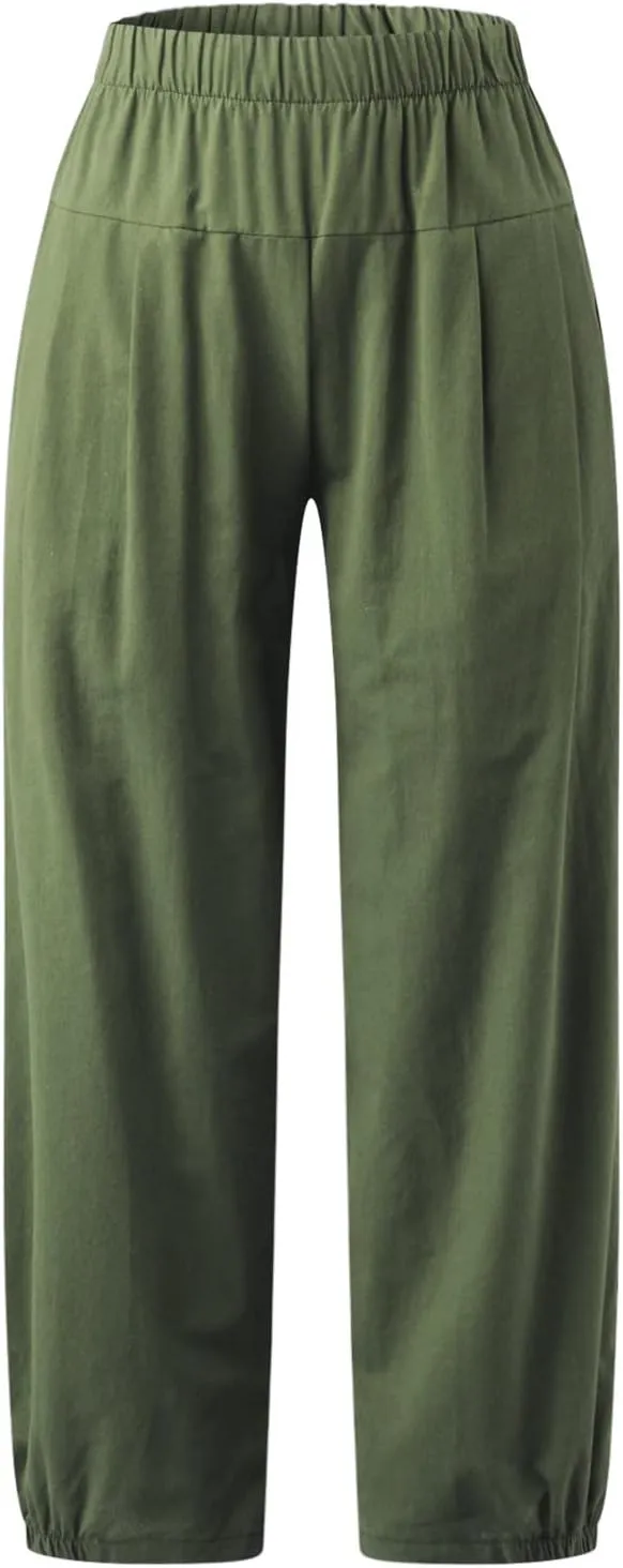 DASAYO Women's Linen Pants Summer Elastic Wasit Ankle Length Casual Pants Ladies Loose Fit Lightweight Trousers with Pockets